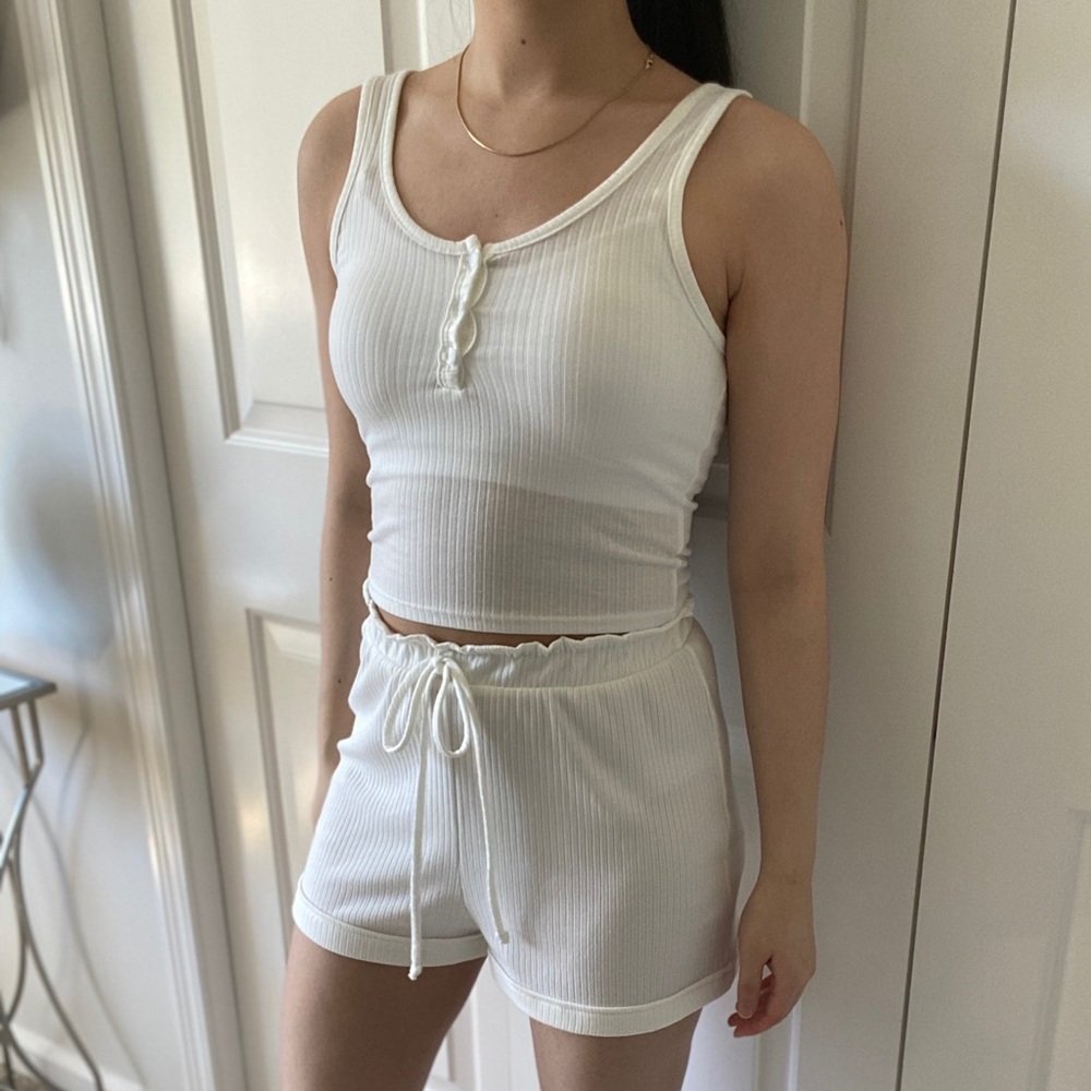 REMINISCING - White Ribbed Lounge Pajama 2 Piece Set, Tank Top & Shorts